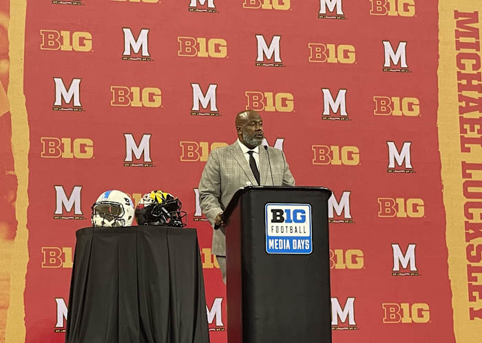 Maryland head football coach Michael Locksley talks at Big Ten Football Media Days.